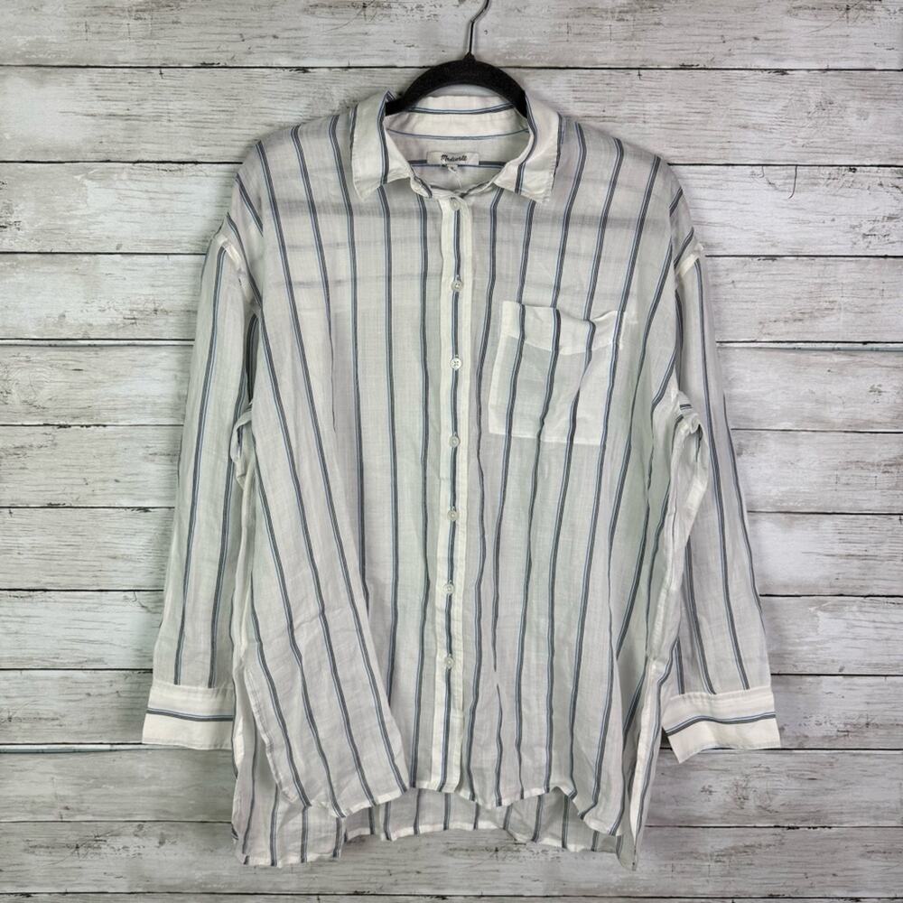 Madewell White Button-Down Shirt with Navy Pinstripes - Picture 7 of 9